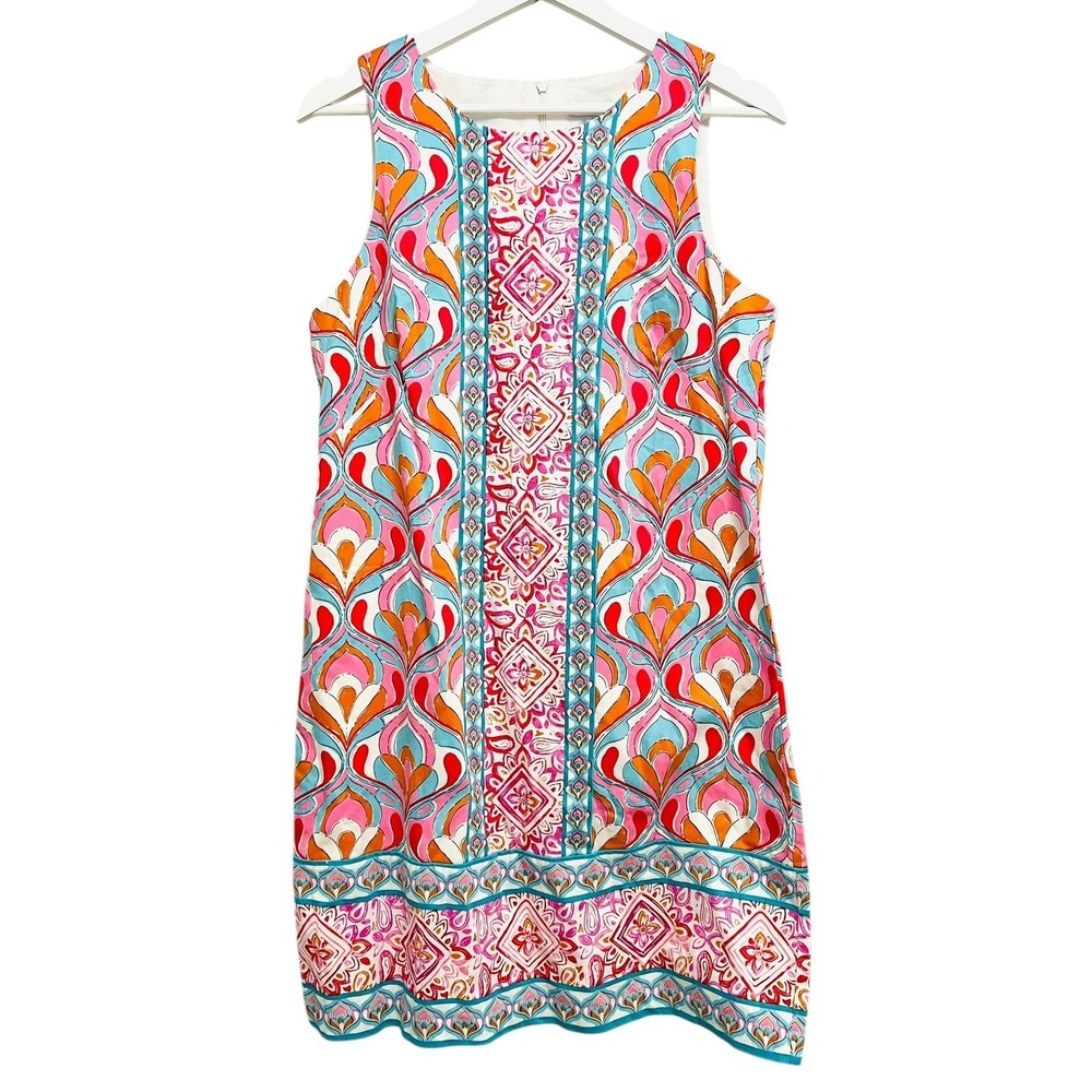 London Times Shift Dress Womens 12 Pink Orange Paisley Geometric Medallion Mod